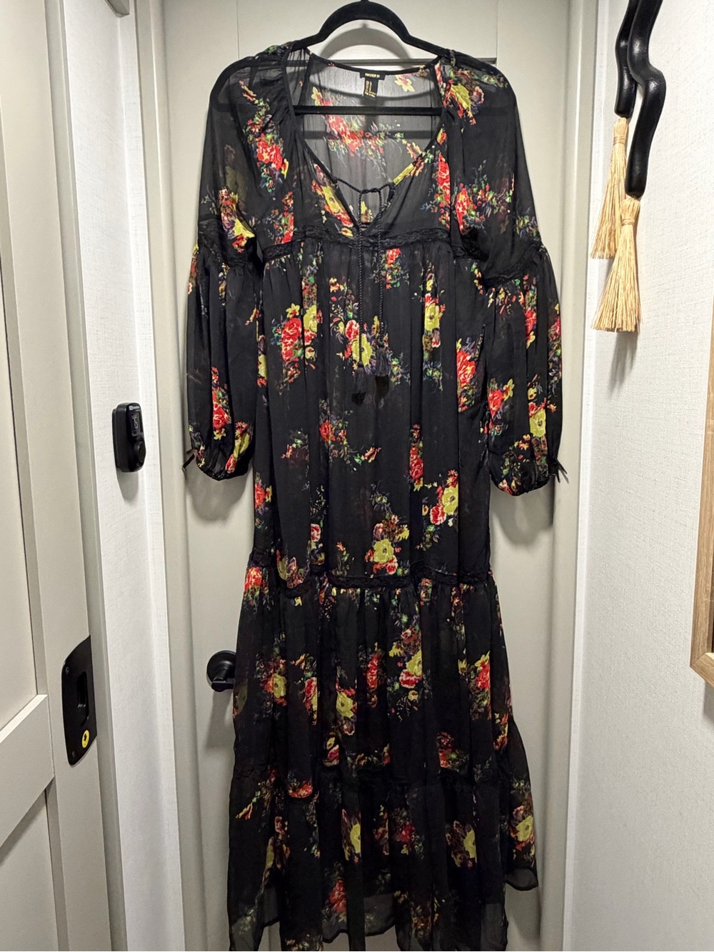 Forever 21 Black Sheer Floral Maxi Dress with Red and Yellow Blooms